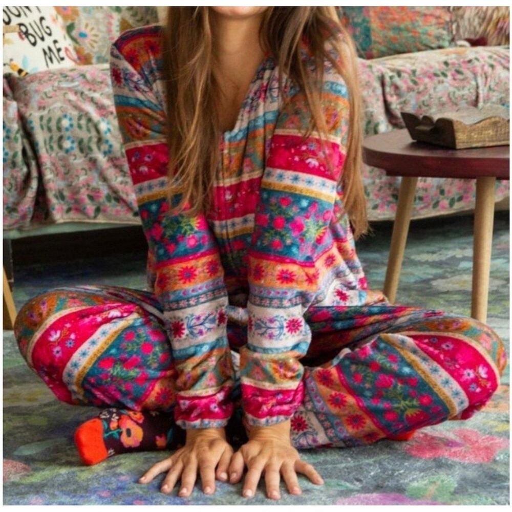 Natural Life fleece one-piece pajama jumpsuit  a vibrant, colorful boho Large